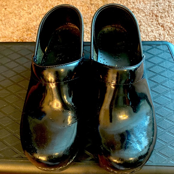 shiny black nursing clogs